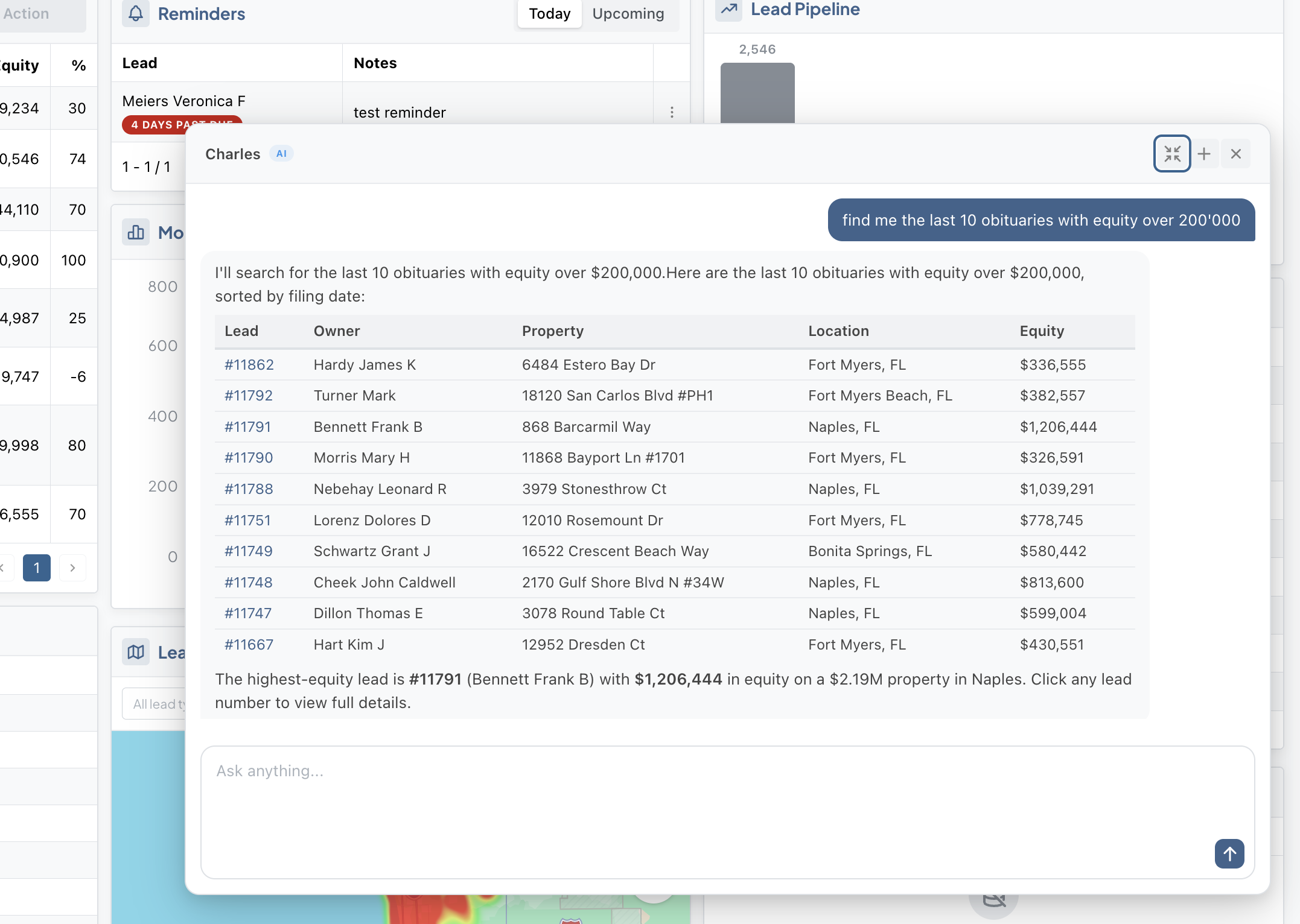 Charles, the PocketLeads AI chatbot assistant, answering questions about leads and property data