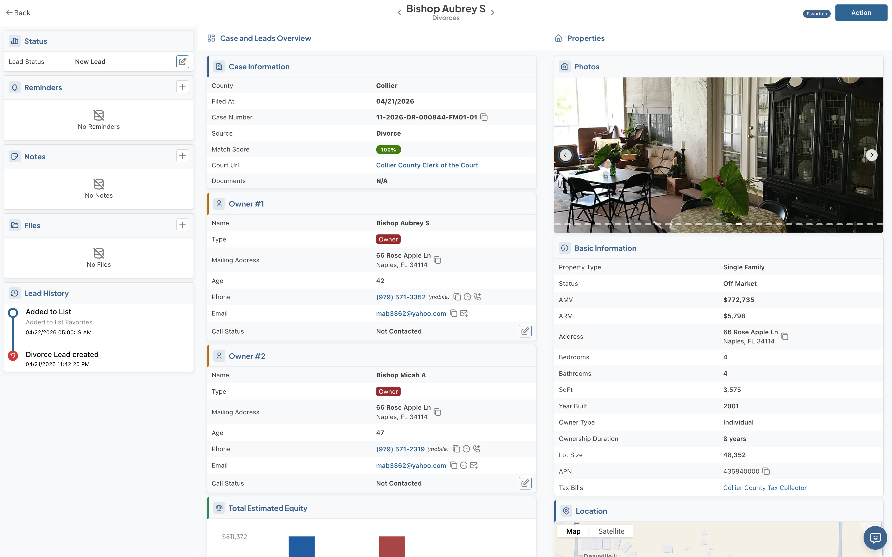 PocketLeads divorce lead detail page for a Collier County case showing court filing info, both property owners with skip-traced phone numbers and emails, property photos, estimated equity, and basic property information