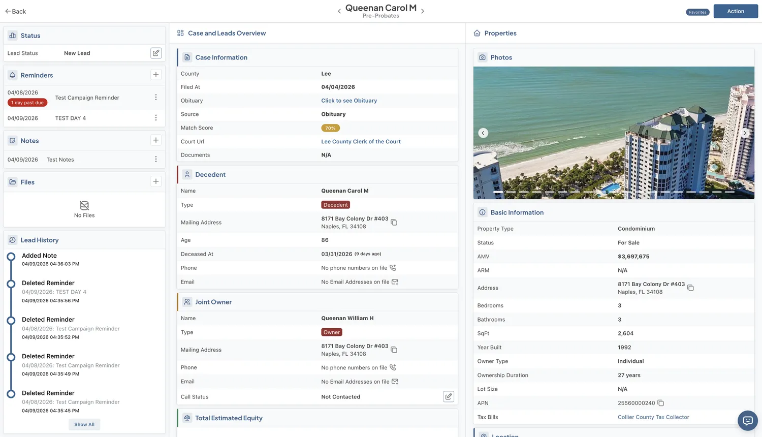 PocketLeads lead detail profile showing property data, equity estimates, mortgage records, and skip-traced contacts