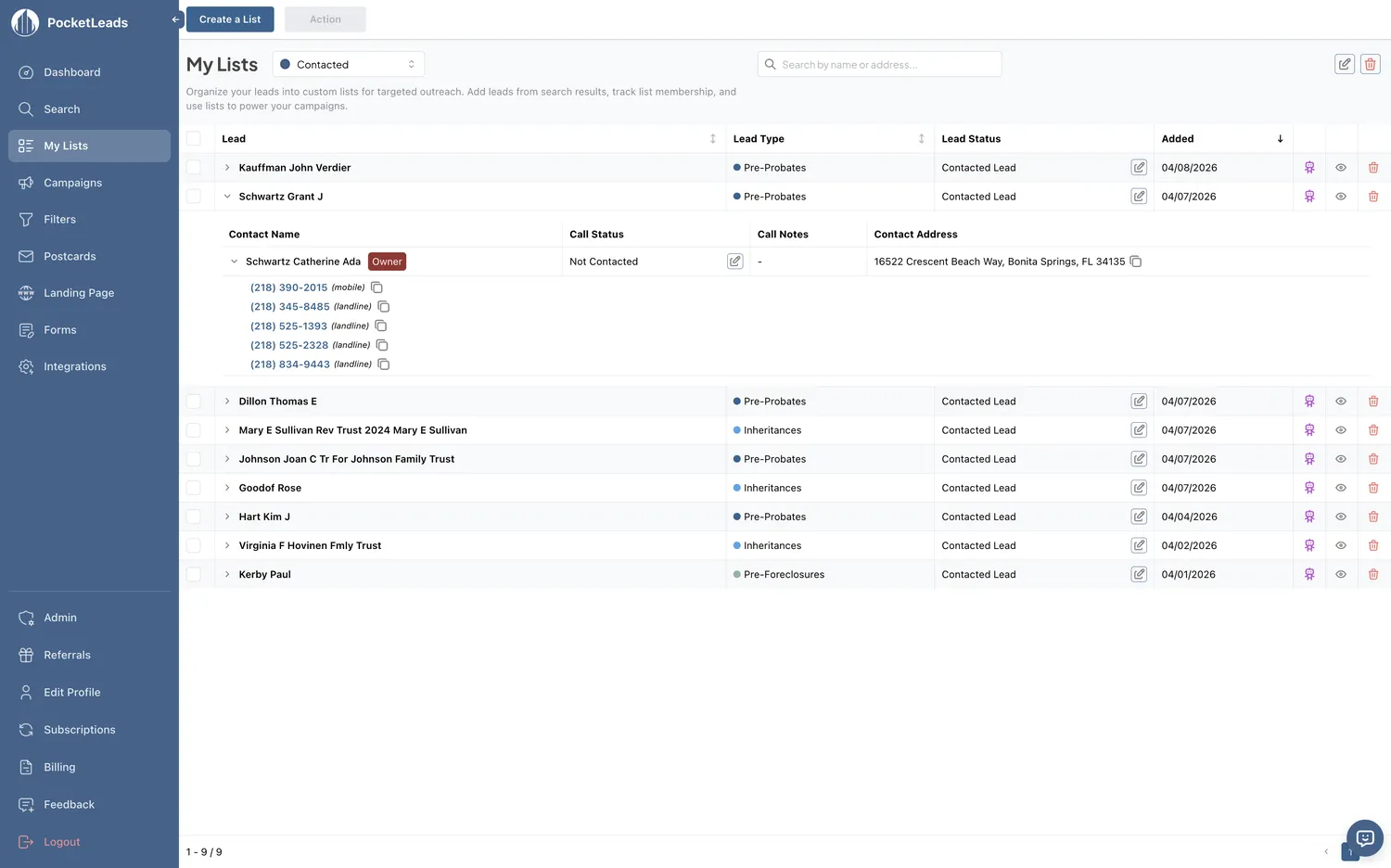 PocketLeads lead lists showing expandable rows with skip-traced contacts, call status, and activity tracking