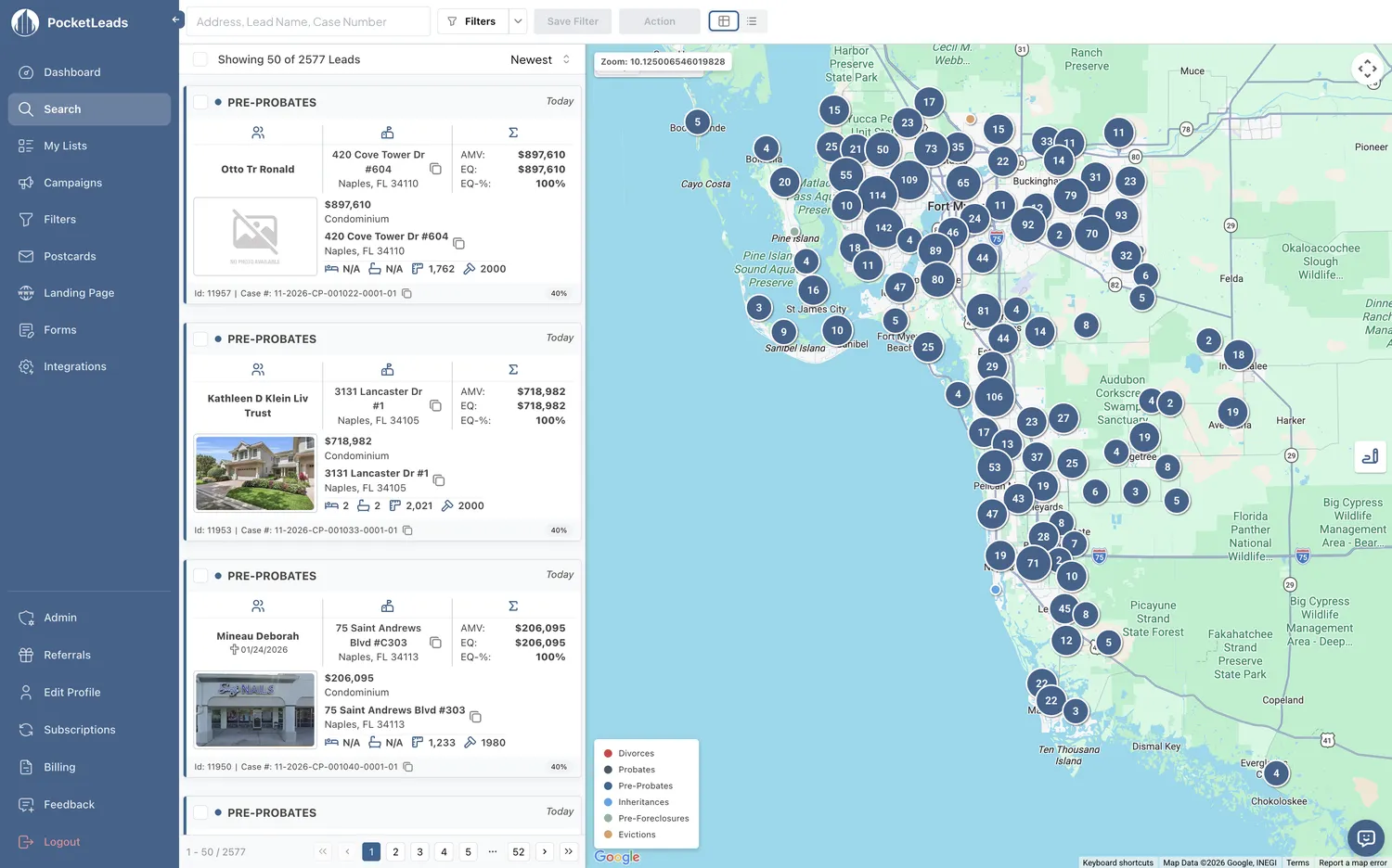 PocketLeads search interface with map view showing motivated seller leads across Florida counties